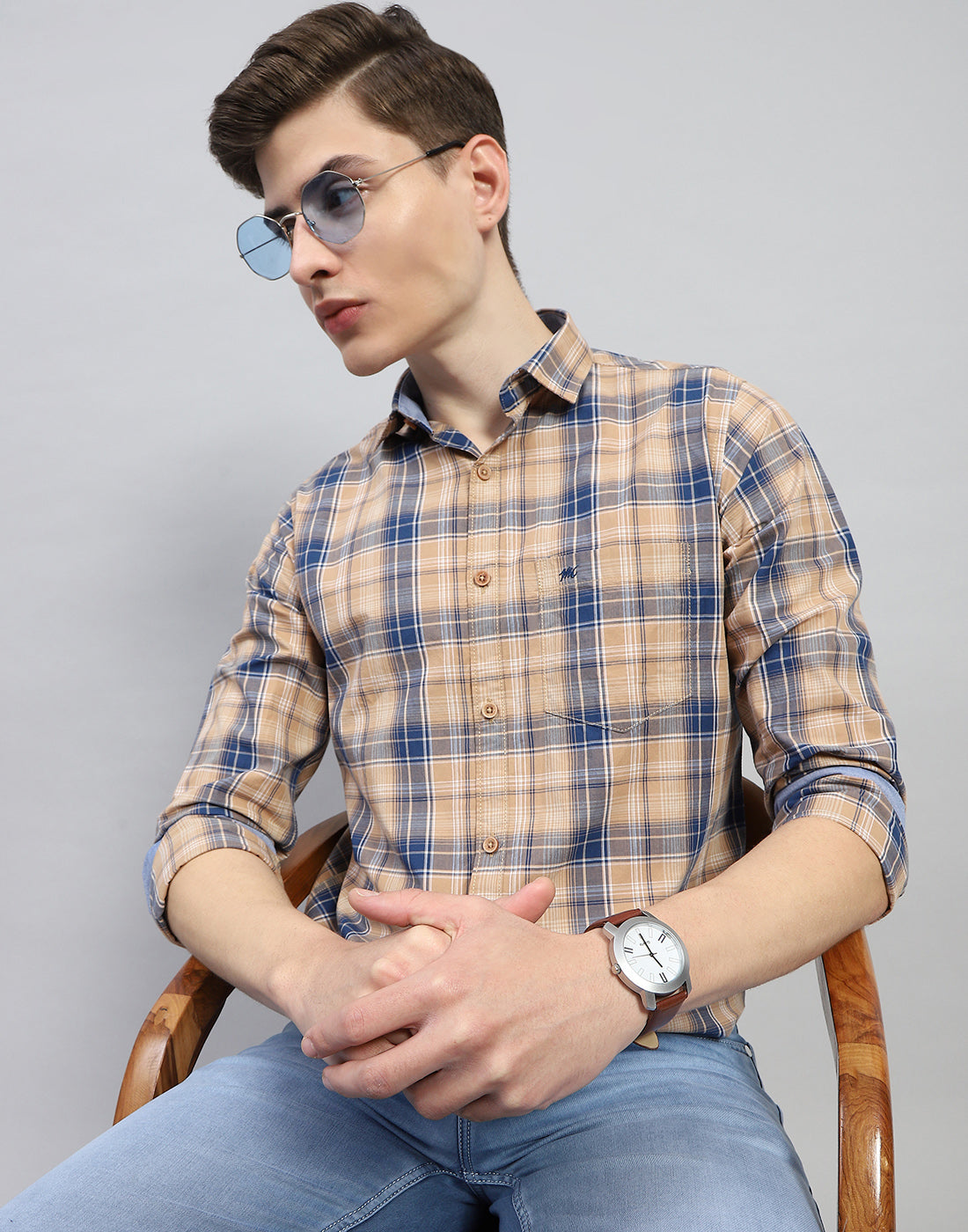 Men Brown Check Collar Full Sleeve Shirt