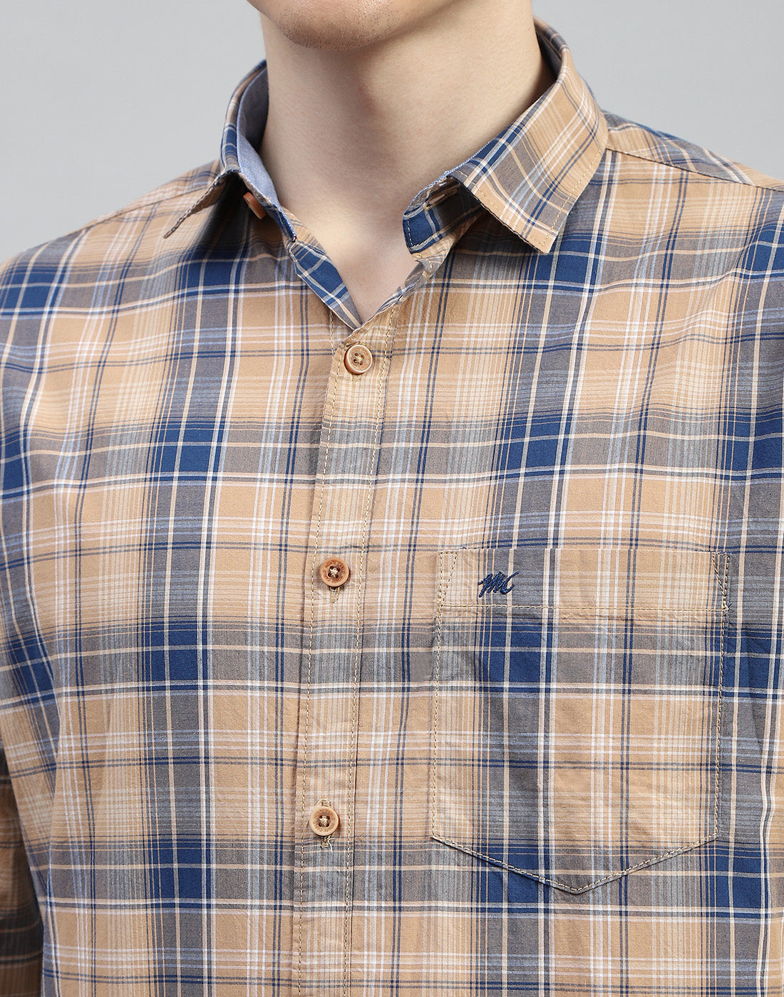 Men Brown Check Collar Full Sleeve Shirt