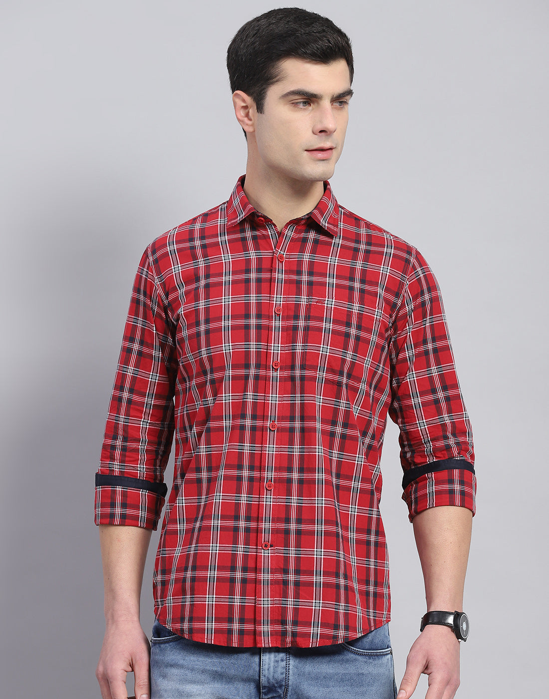 Men Red Check Collar Full Sleeve Shirt