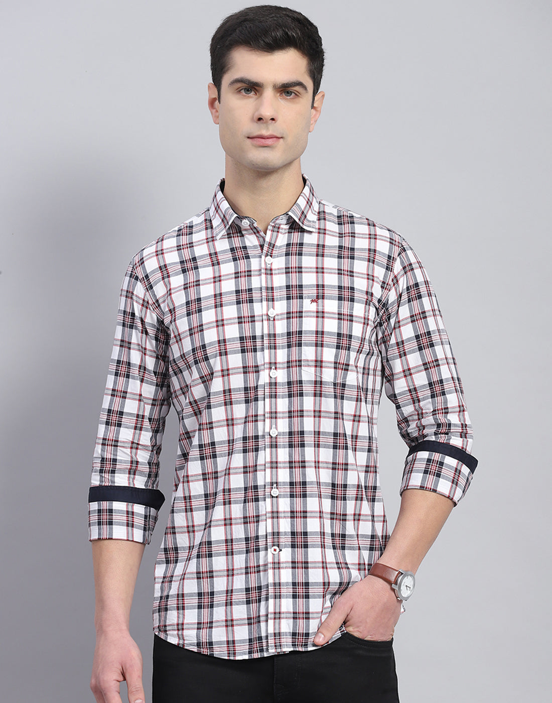 Men Off White Check Collar Full Sleeve Shirt