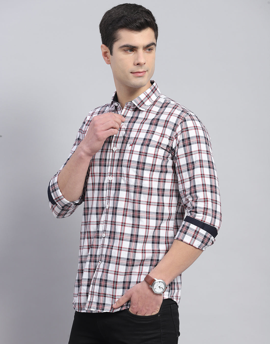 Men Off White Check Collar Full Sleeve Shirt