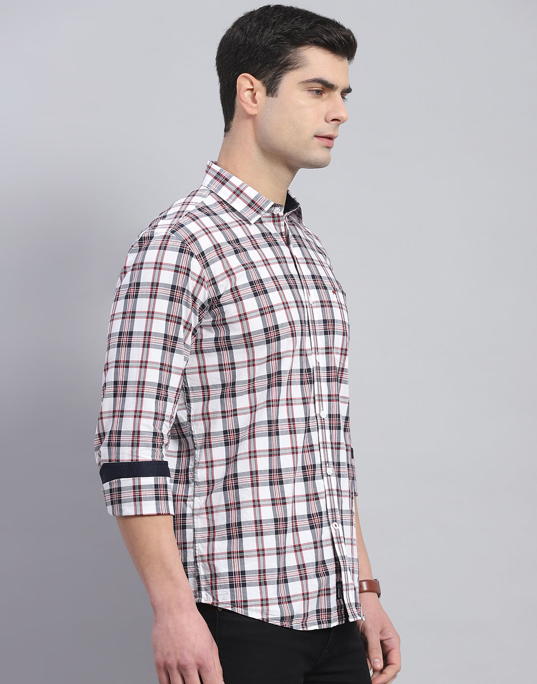 Men Off White Check Collar Full Sleeve Shirt