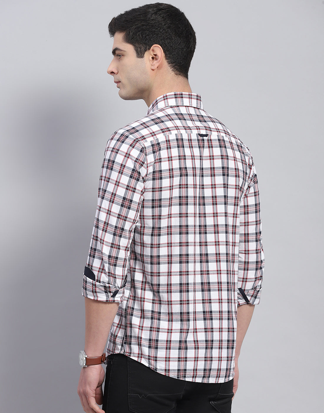 Men Off White Check Collar Full Sleeve Shirt