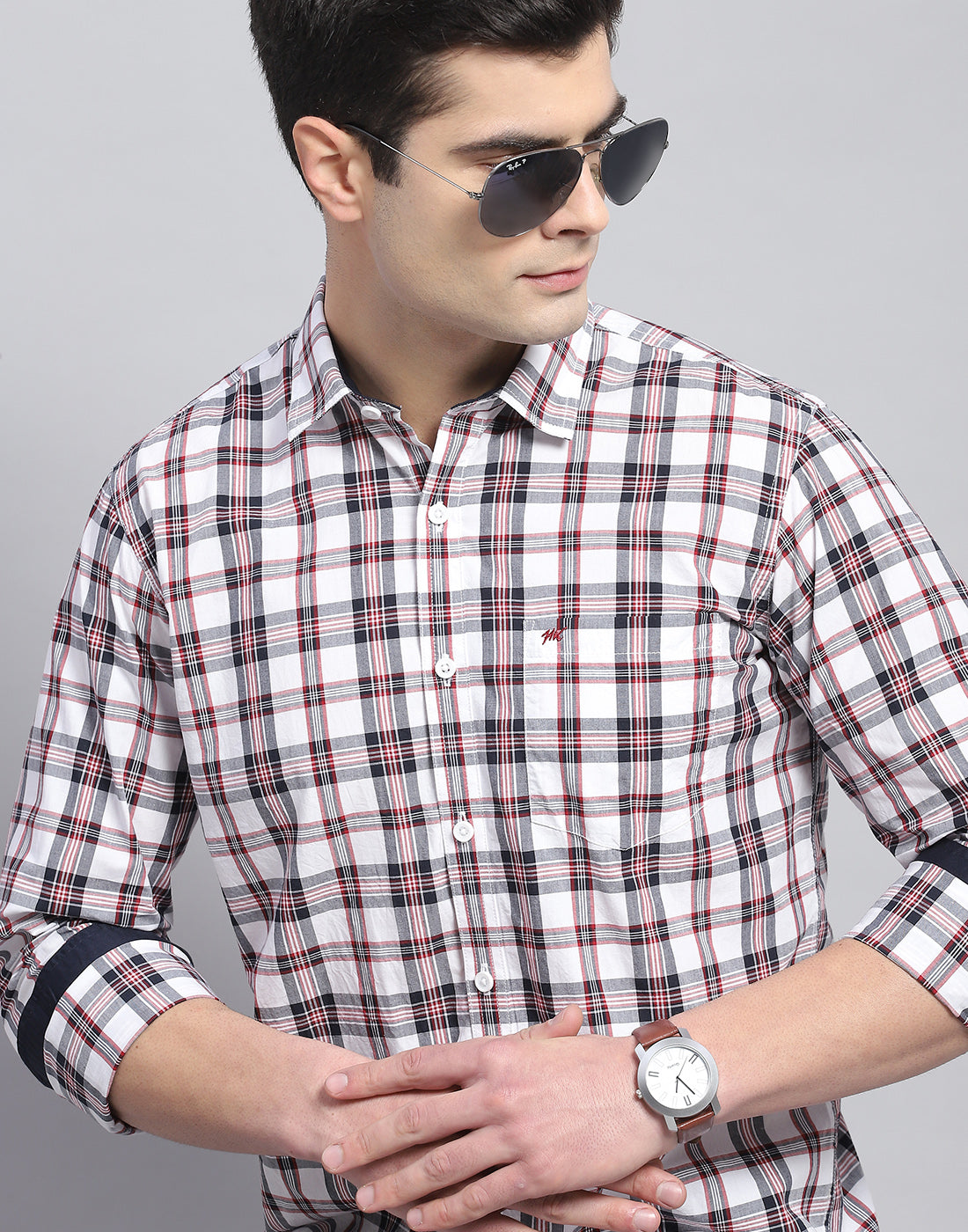 Men Off White Check Collar Full Sleeve Shirt