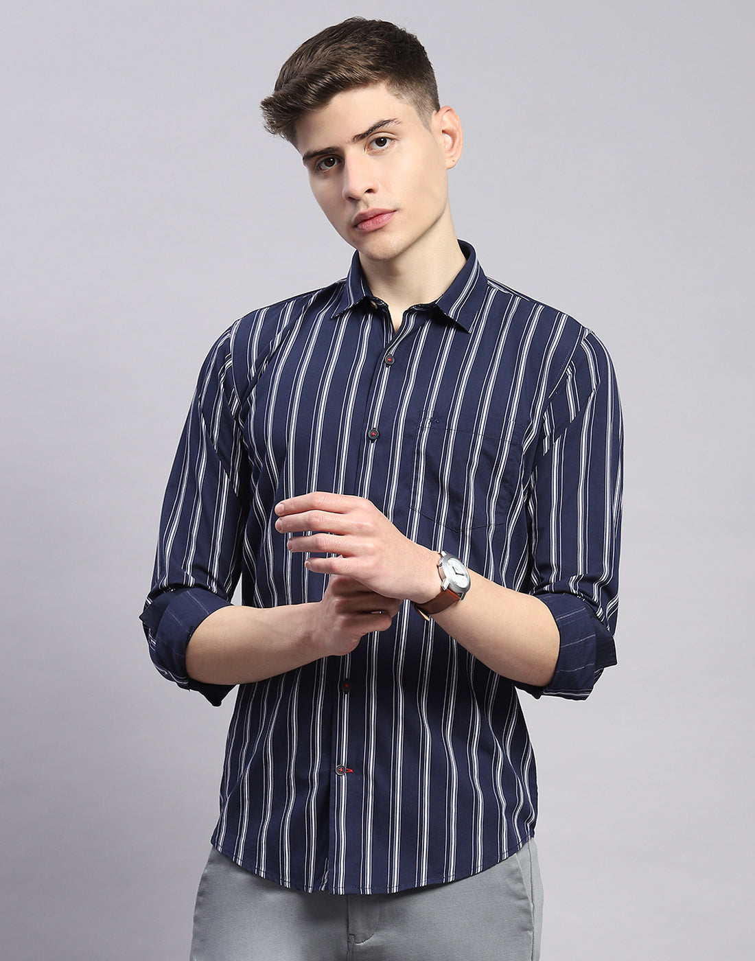 Men Navy Blue Stripe Collar Full Sleeve Shirt