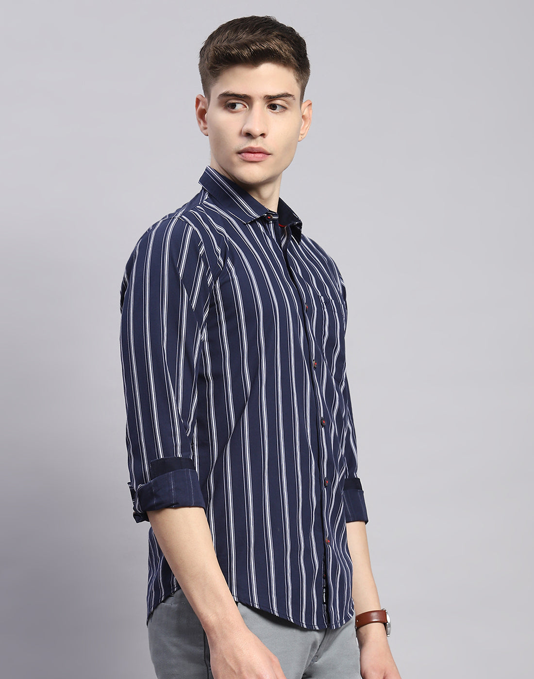 Men Navy Blue Stripe Collar Full Sleeve Shirt