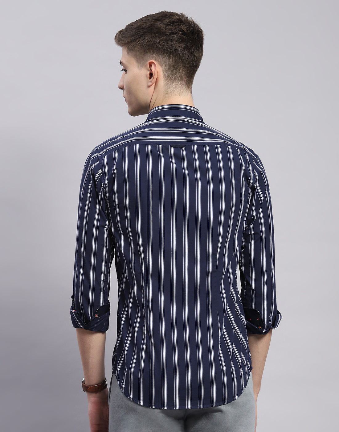 Men Navy Blue Stripe Collar Full Sleeve Shirt