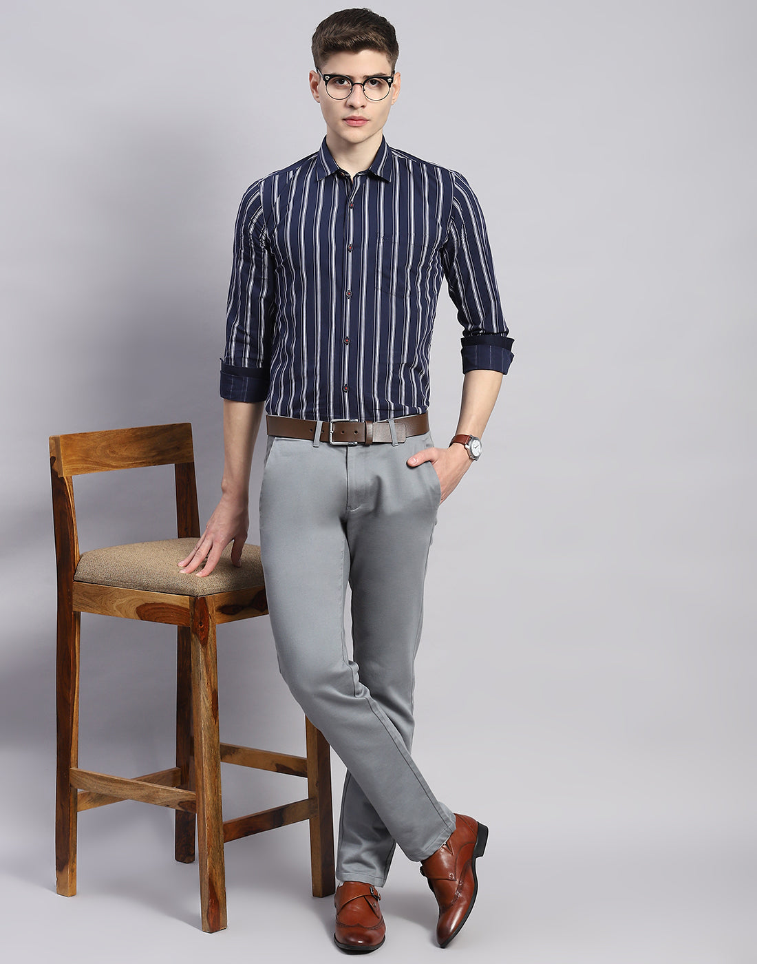 Men Navy Blue Stripe Collar Full Sleeve Shirt