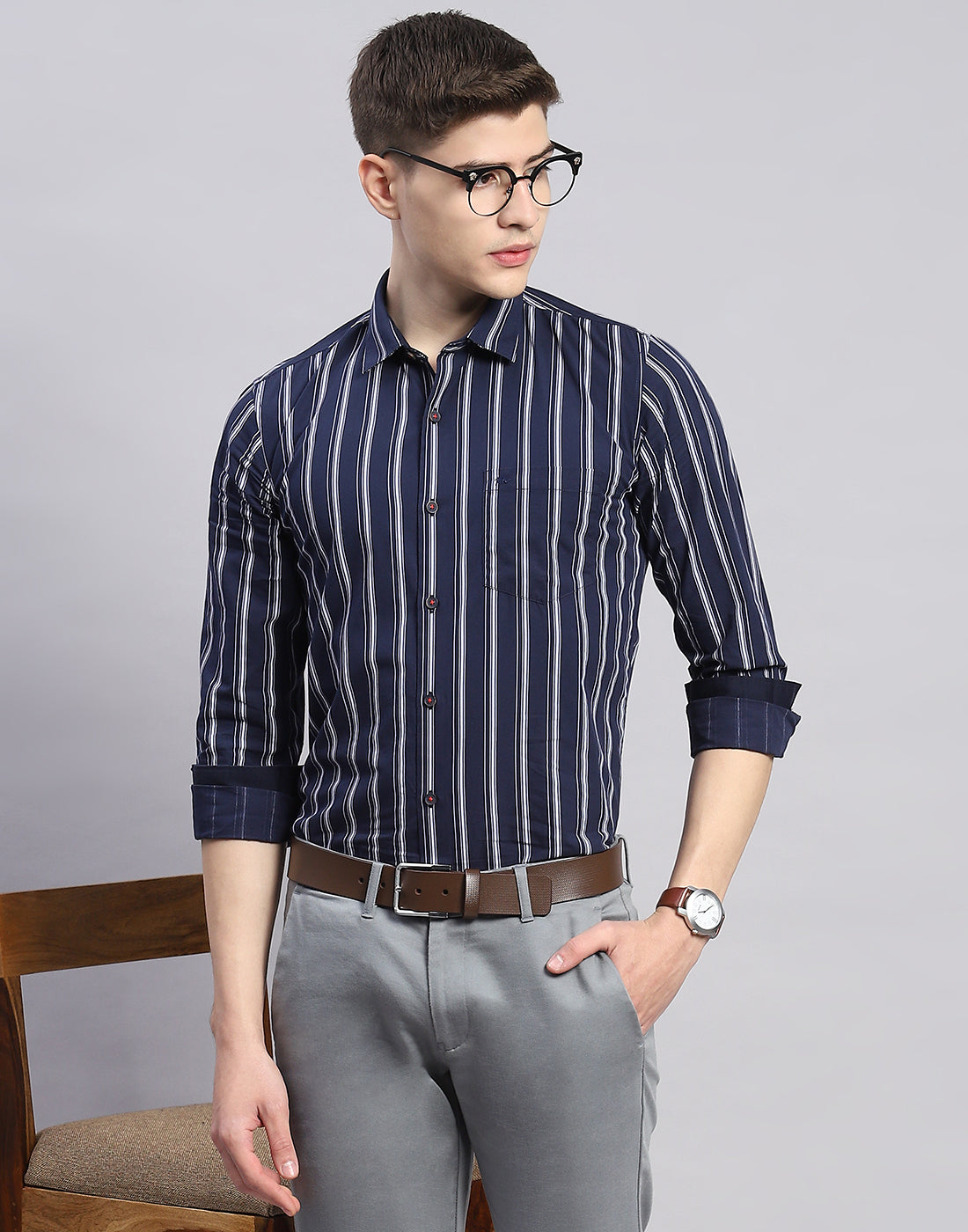 Men Navy Blue Stripe Collar Full Sleeve Shirt
