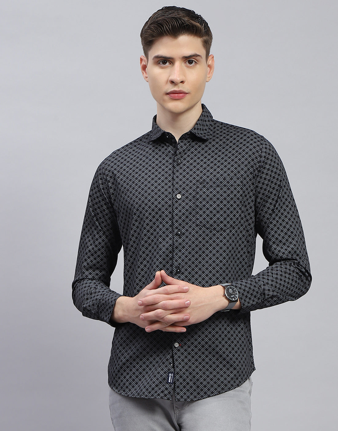 Men Black Printed Spread Collar Full Sleeve Shirt