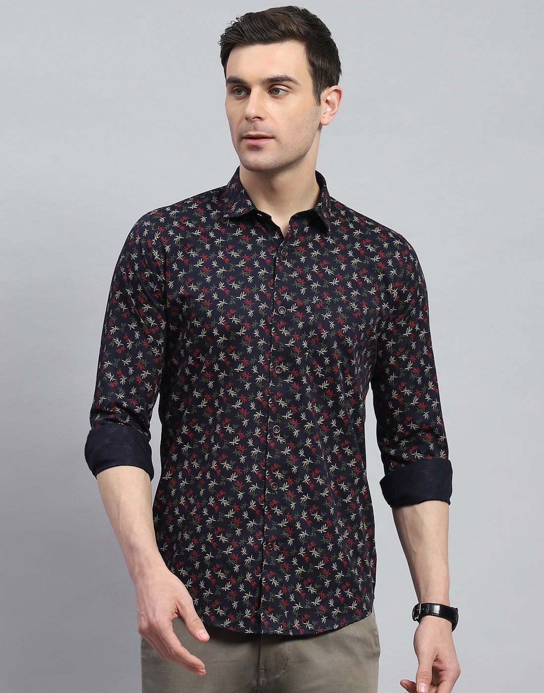 Men Navy Blue Printed Spread Collar Full Sleeve Shirt