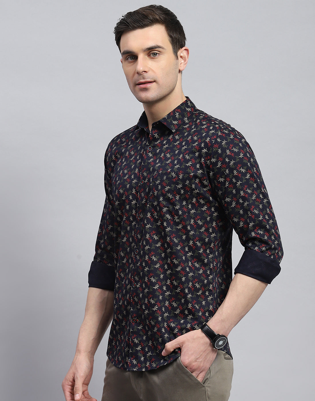 Men Navy Blue Printed Spread Collar Full Sleeve Shirt