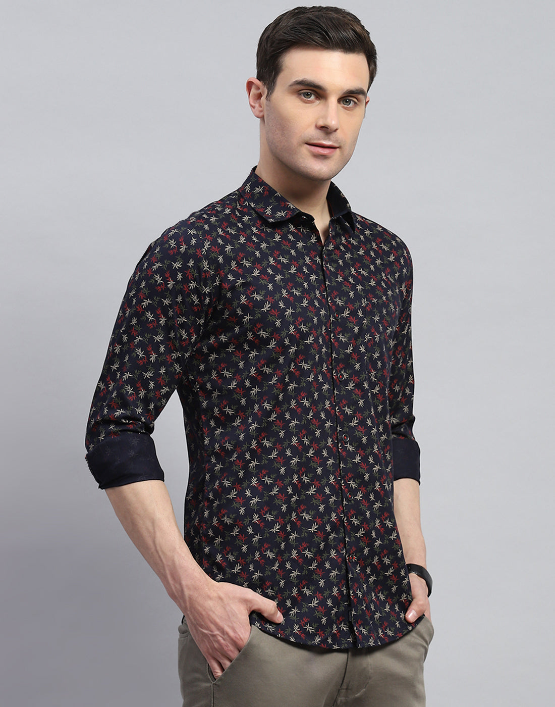 Men Navy Blue Printed Spread Collar Full Sleeve Shirt
