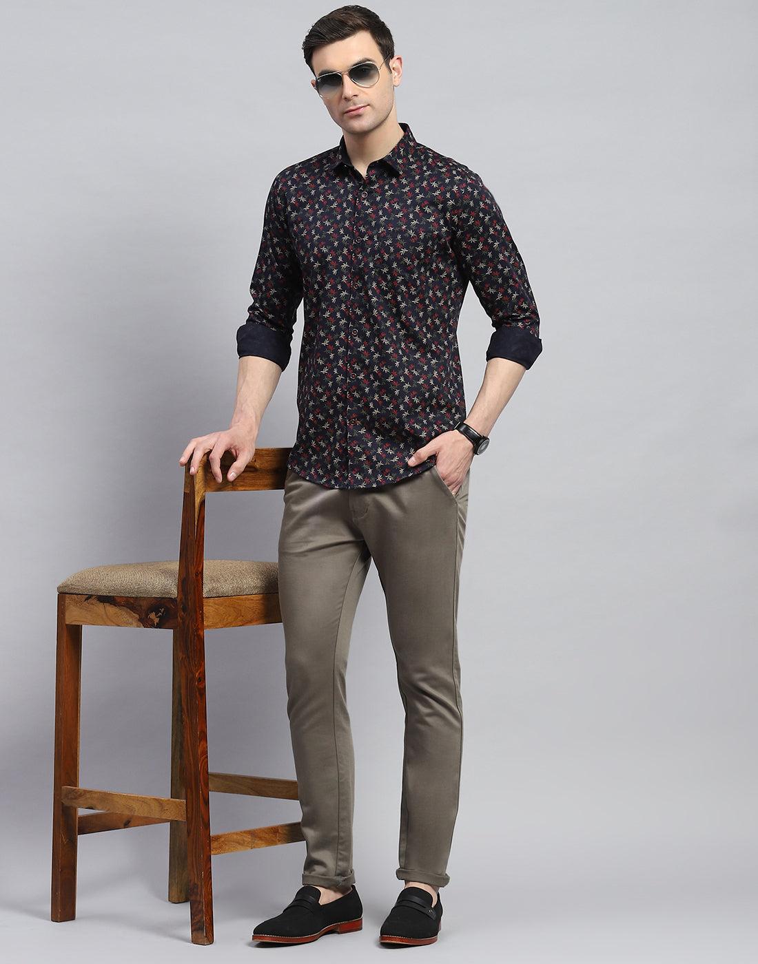 Men Navy Blue Printed Spread Collar Full Sleeve Shirt