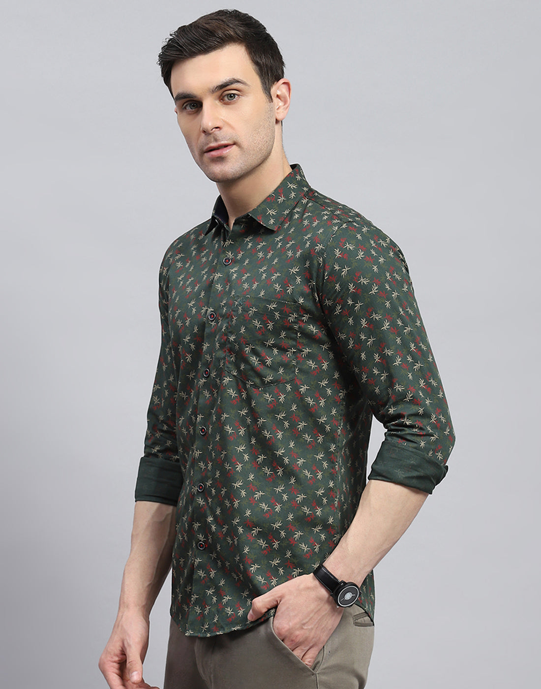 Men Green Printed Spread Collar Full Sleeve Shirt