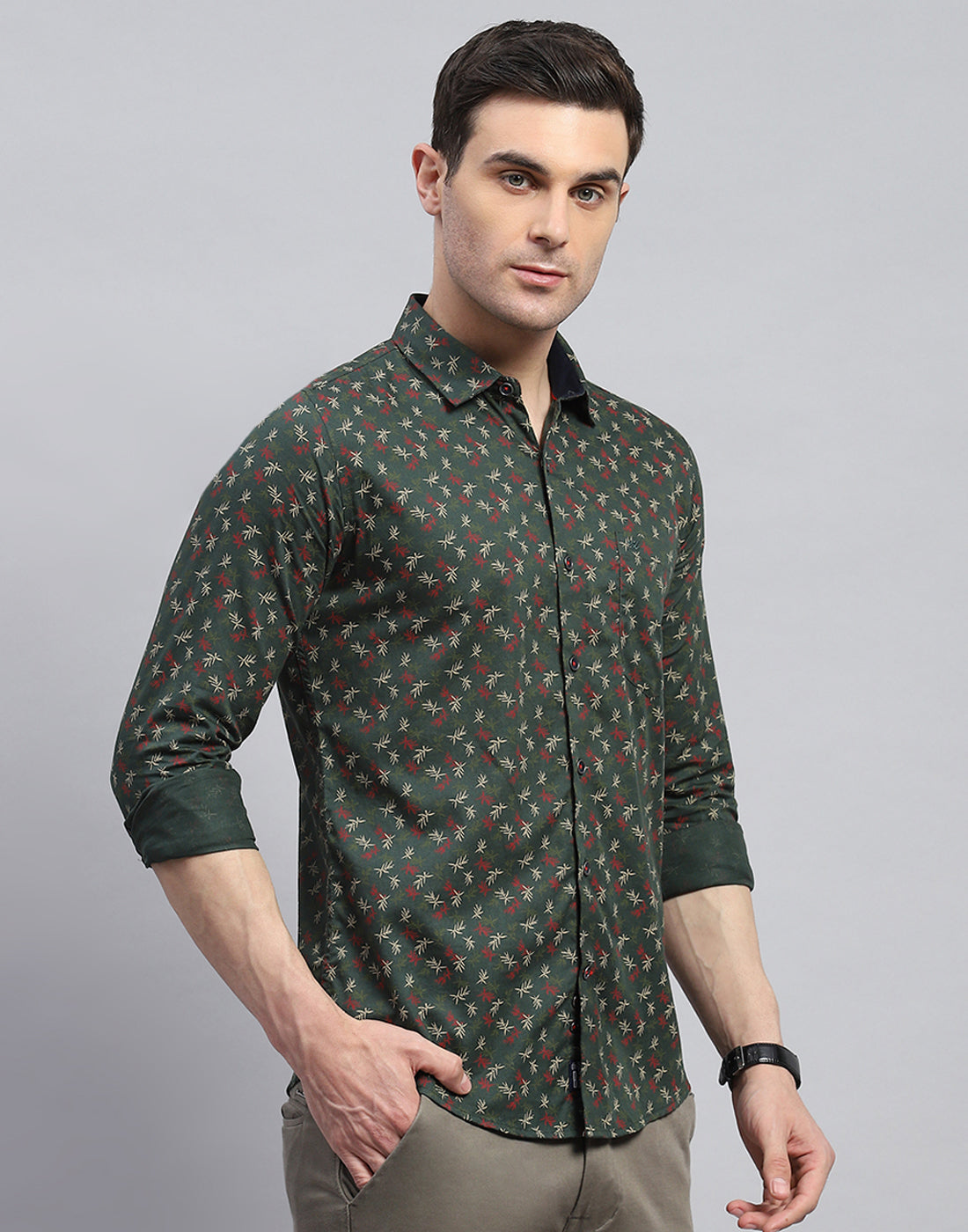 Men Green Printed Spread Collar Full Sleeve Shirt