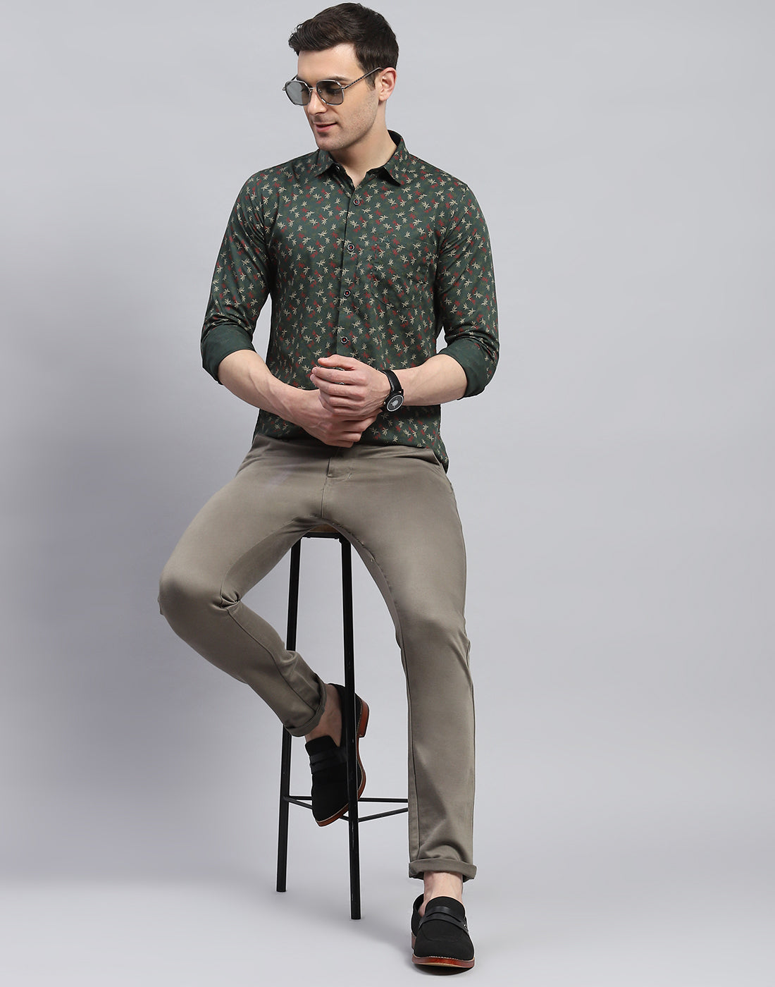 Men Green Printed Spread Collar Full Sleeve Shirt