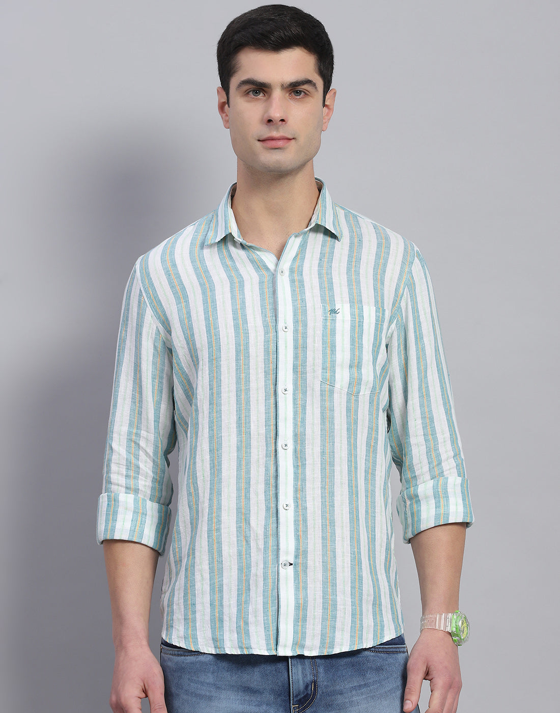 Men Green Stripe Collar Full Sleeve Shirt