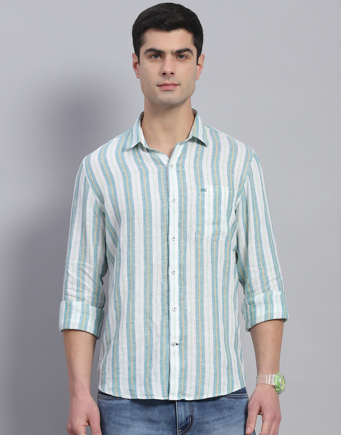 Men Green Stripe Collar Full Sleeve Linen Shirt