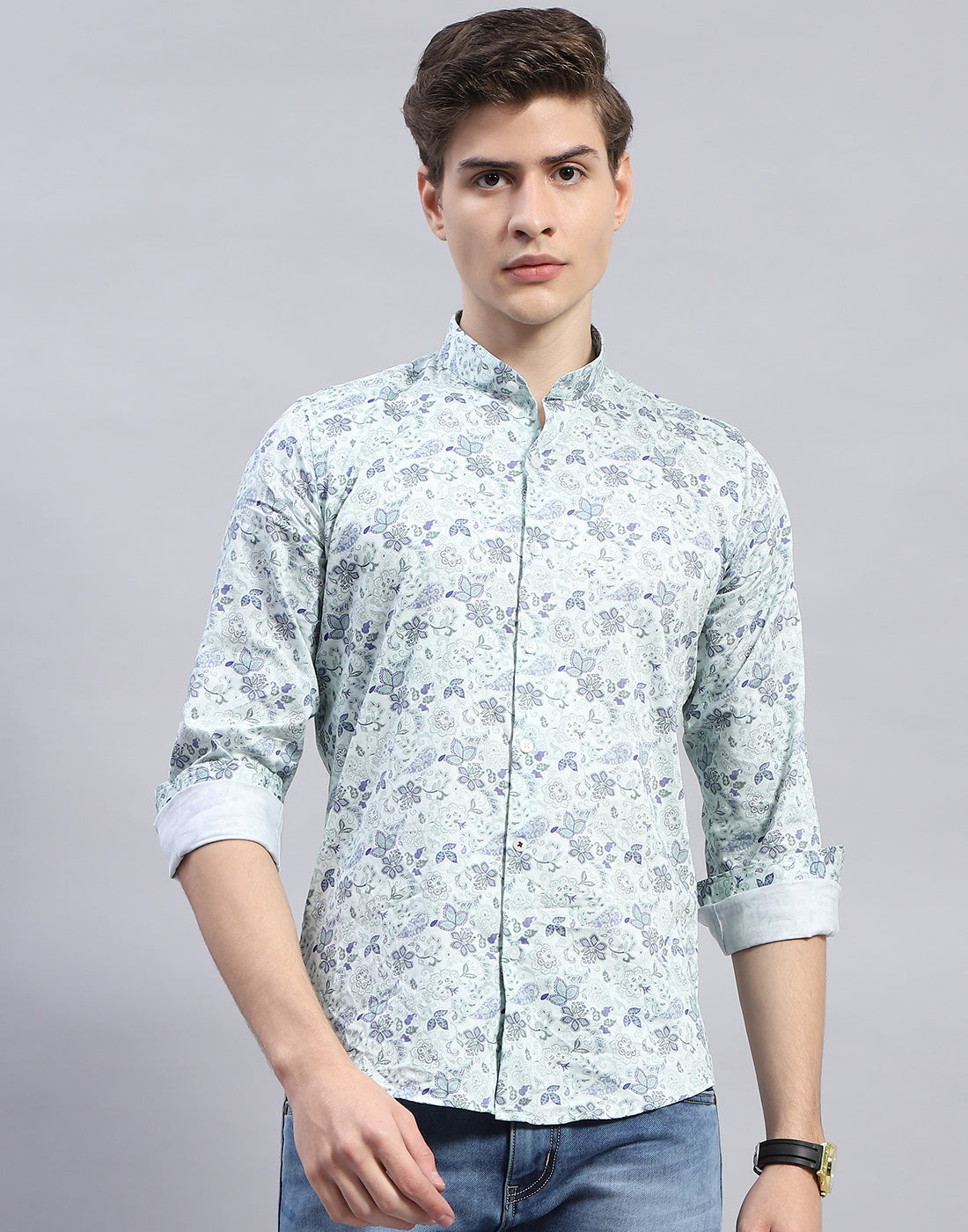 Men Sea Green Printed Mandarin Collar Full Sleeve Shirt