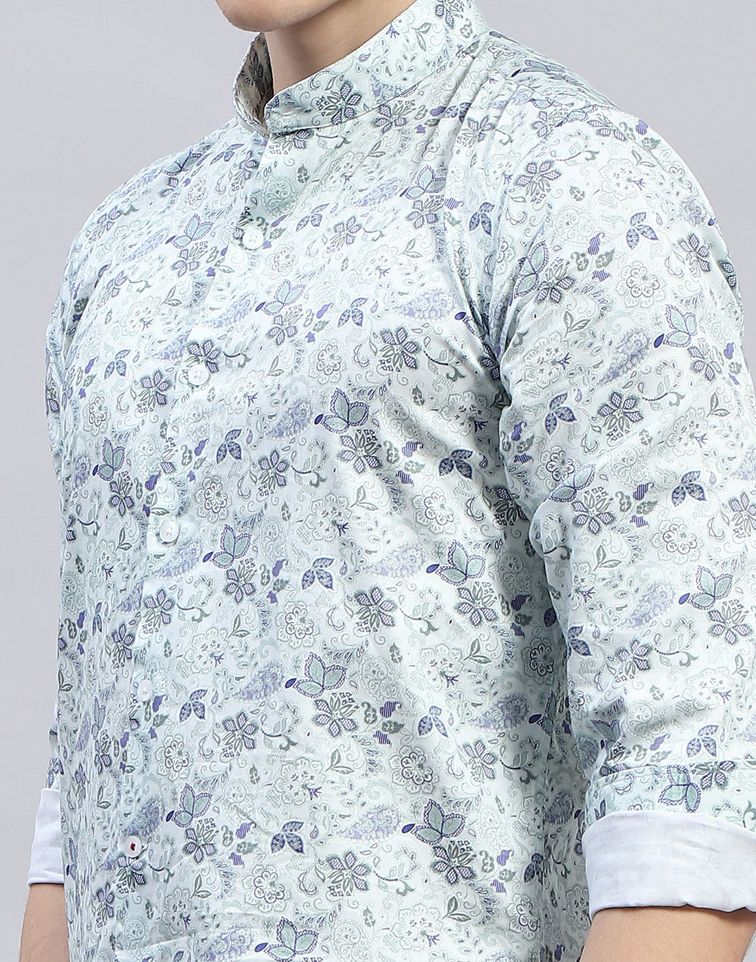 Men Sea Green Printed Mandarin Collar Full Sleeve Shirt
