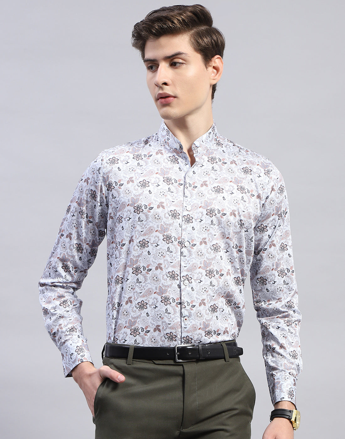 Men Grey Printed Mandarin Collar Full Sleeve Shirt