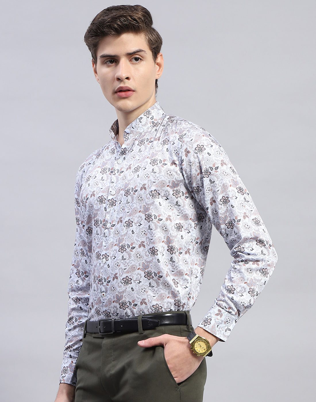 Men Grey Printed Mandarin Collar Full Sleeve Shirt