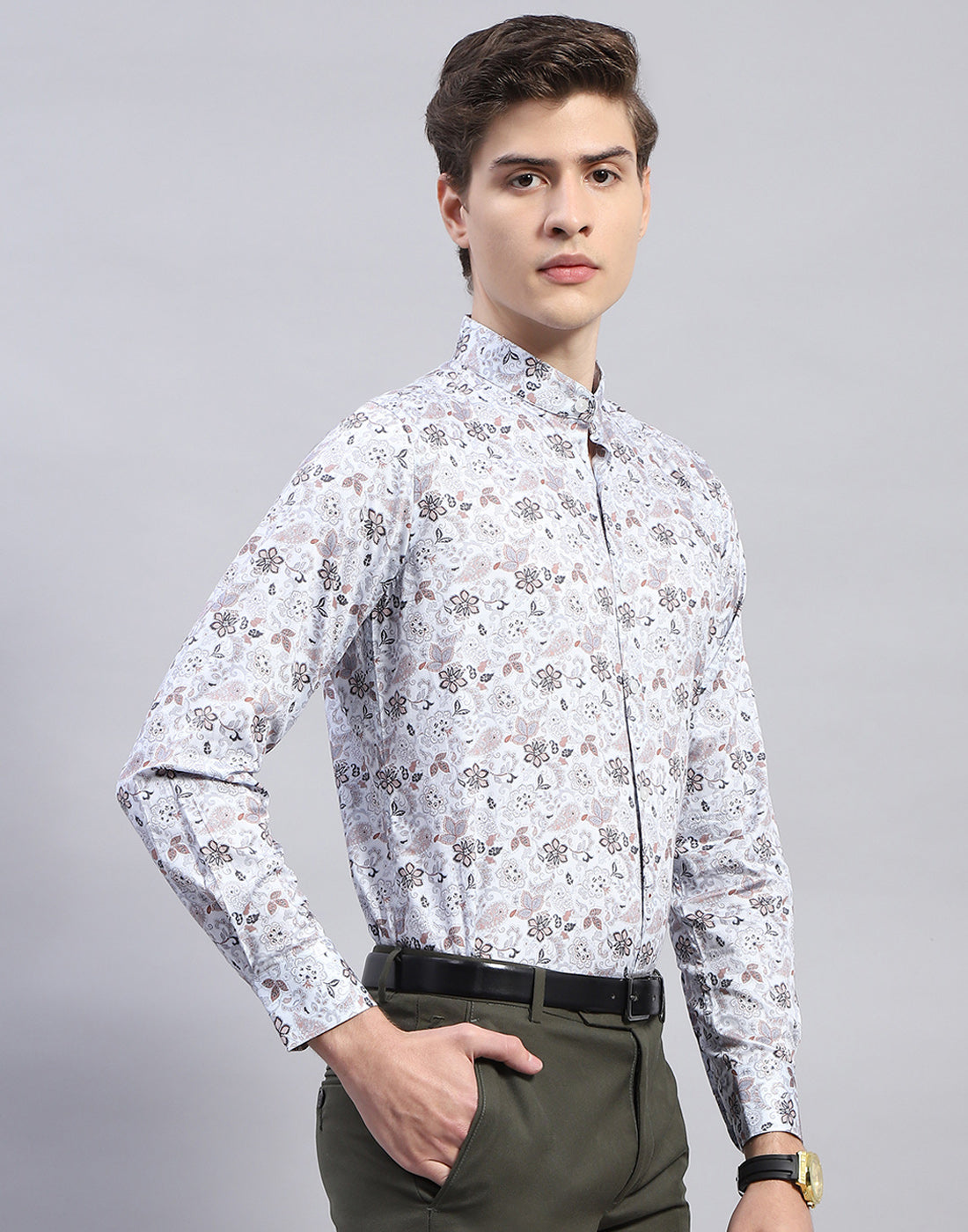 Men Grey Printed Mandarin Collar Full Sleeve Shirt