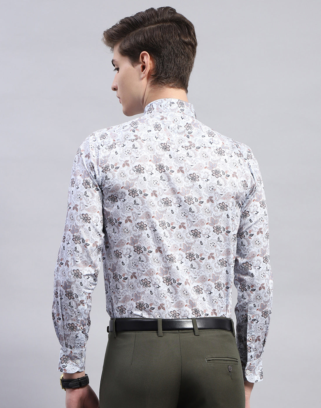 Men Grey Printed Mandarin Collar Full Sleeve Shirt