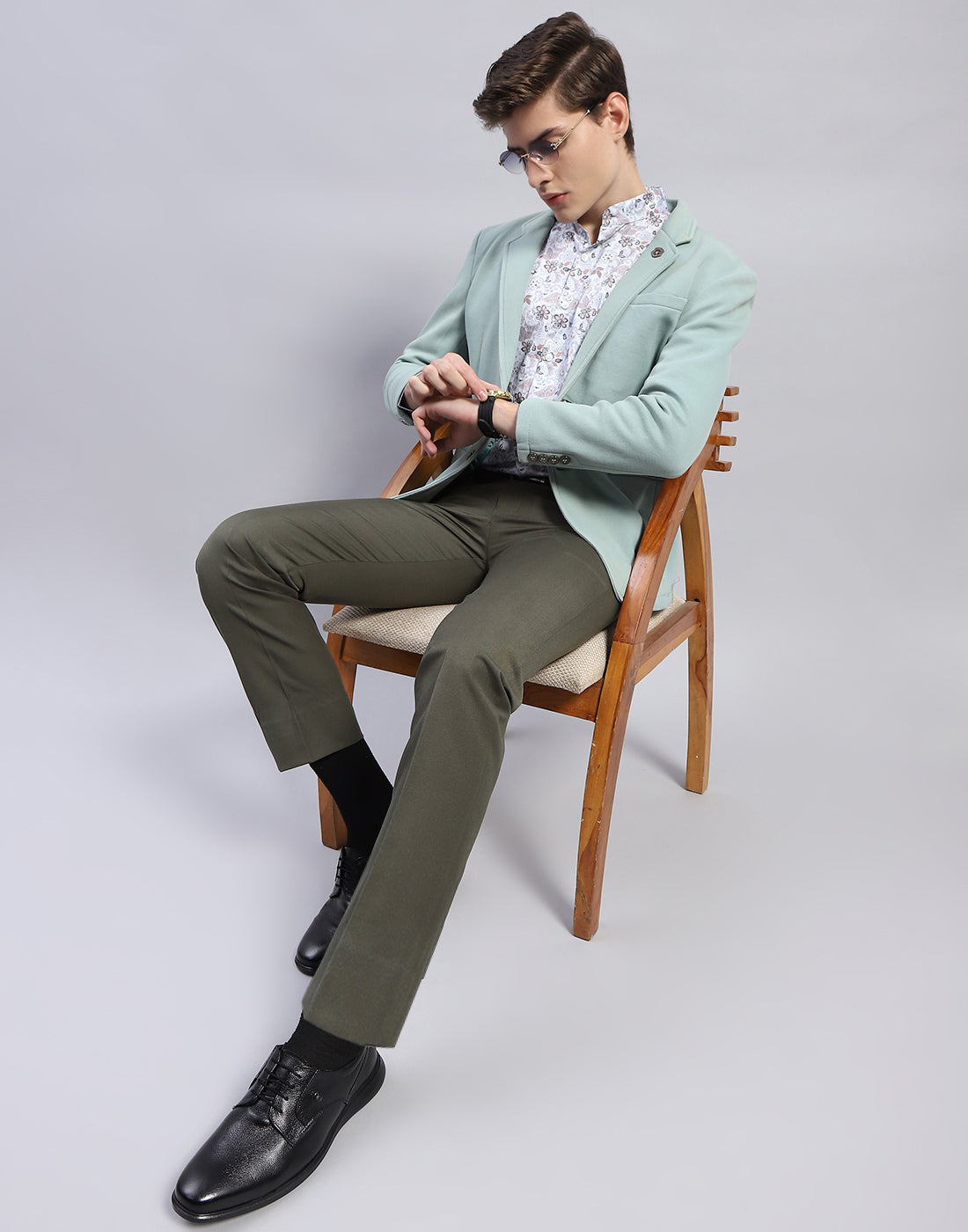 Men Grey Printed Mandarin Collar Full Sleeve Shirt