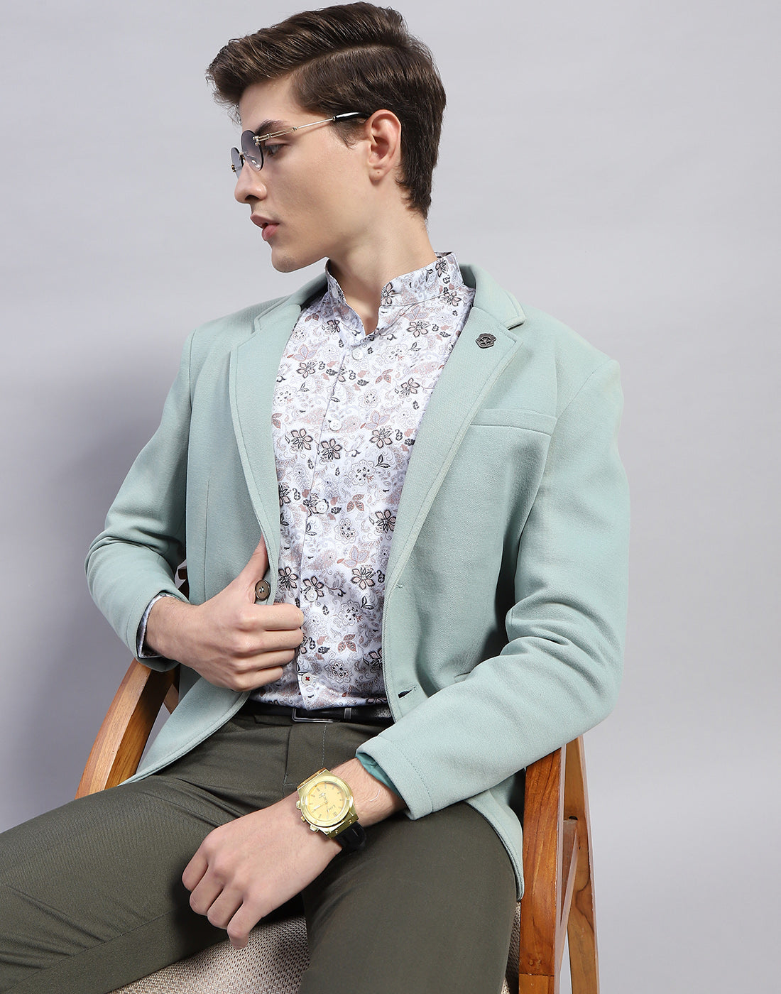 Men Grey Printed Mandarin Collar Full Sleeve Shirt