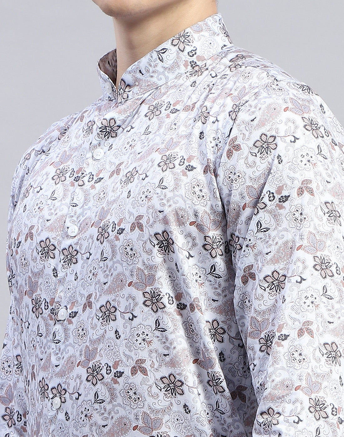Men Grey Printed Mandarin Collar Full Sleeve Shirt