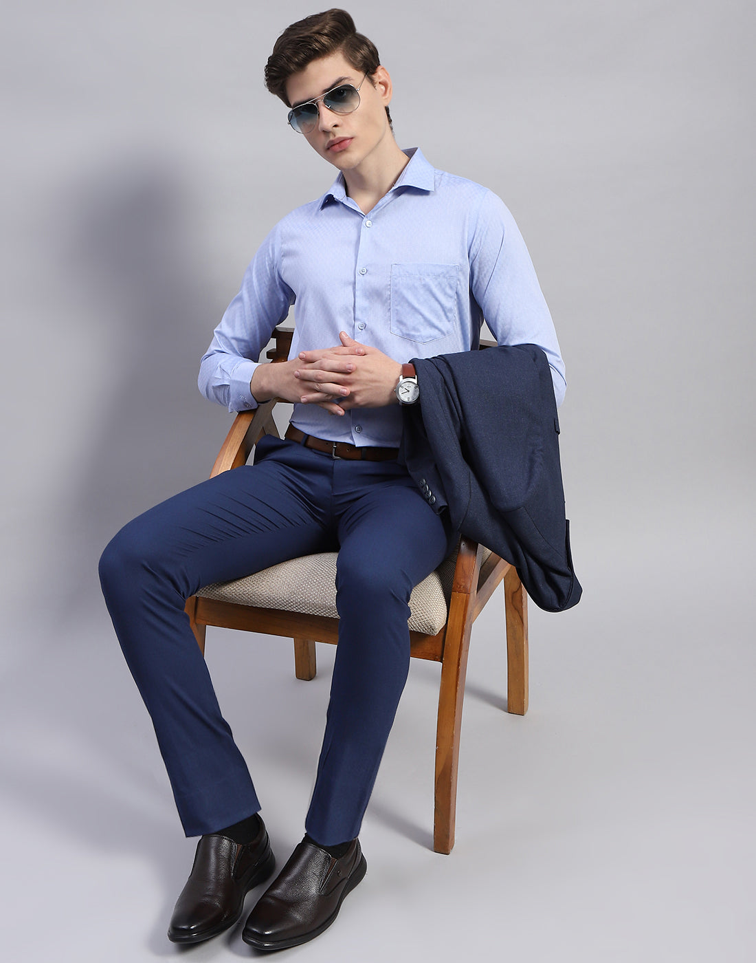 Men Blue Solid Collar Full Sleeve Shirt