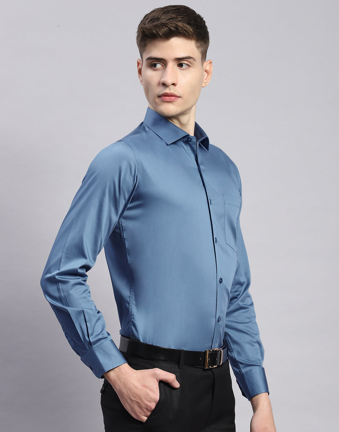 Men Teal Blue Solid Collar Full Sleeve Shirt