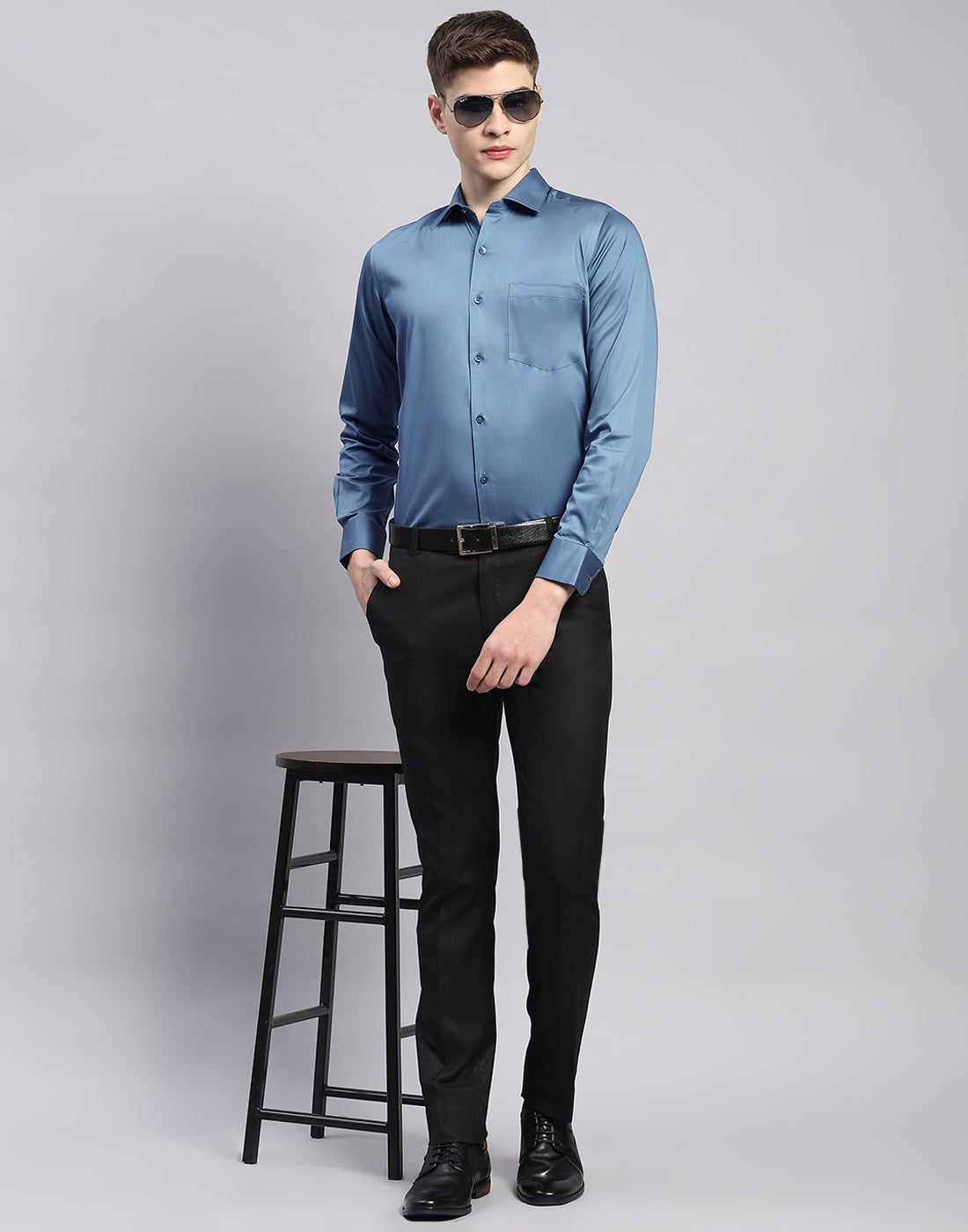 Men Teal Blue Solid Collar Full Sleeve Shirt