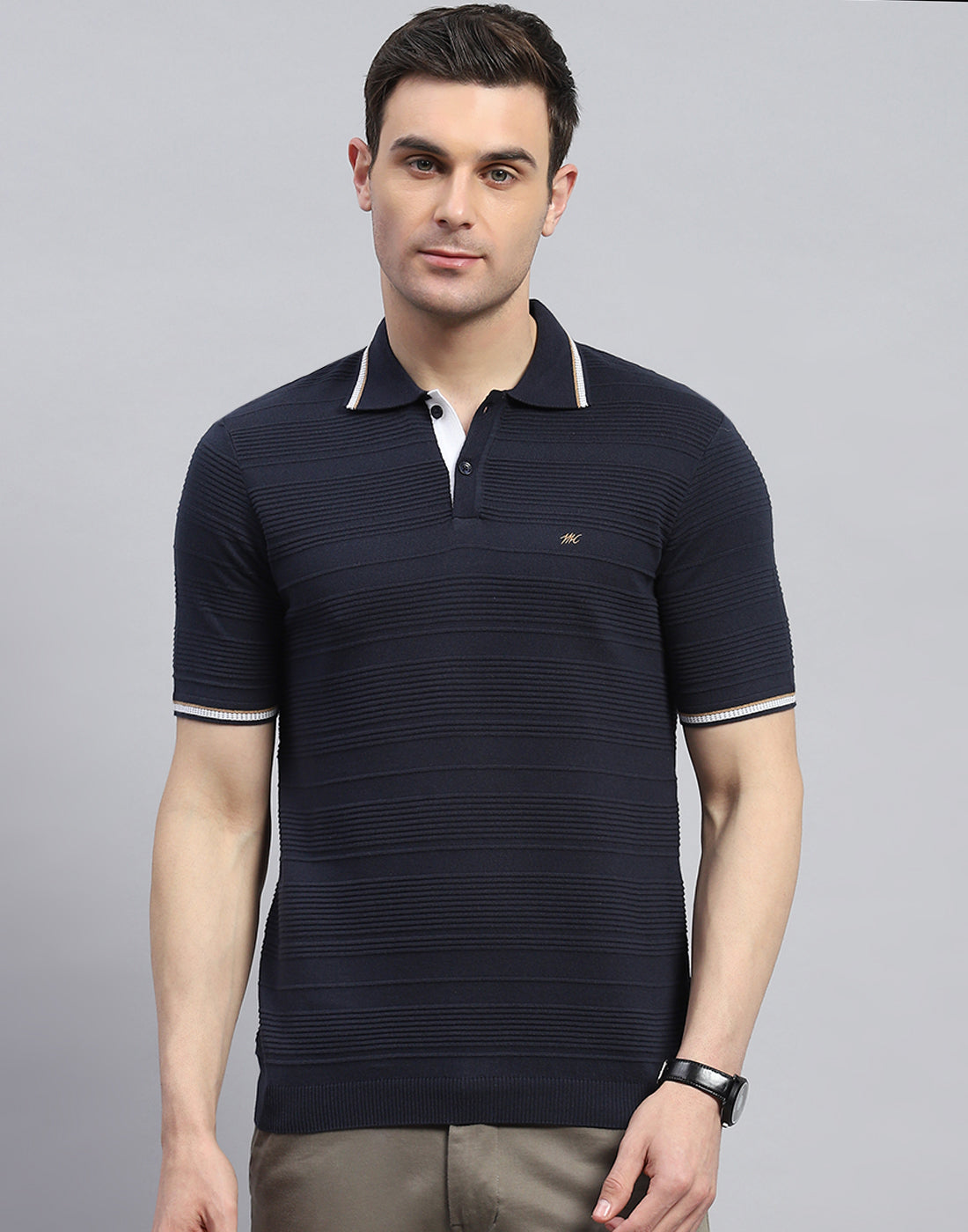 Men Navy Blue Solid Polo Collar Half Sleeve T-Shirt