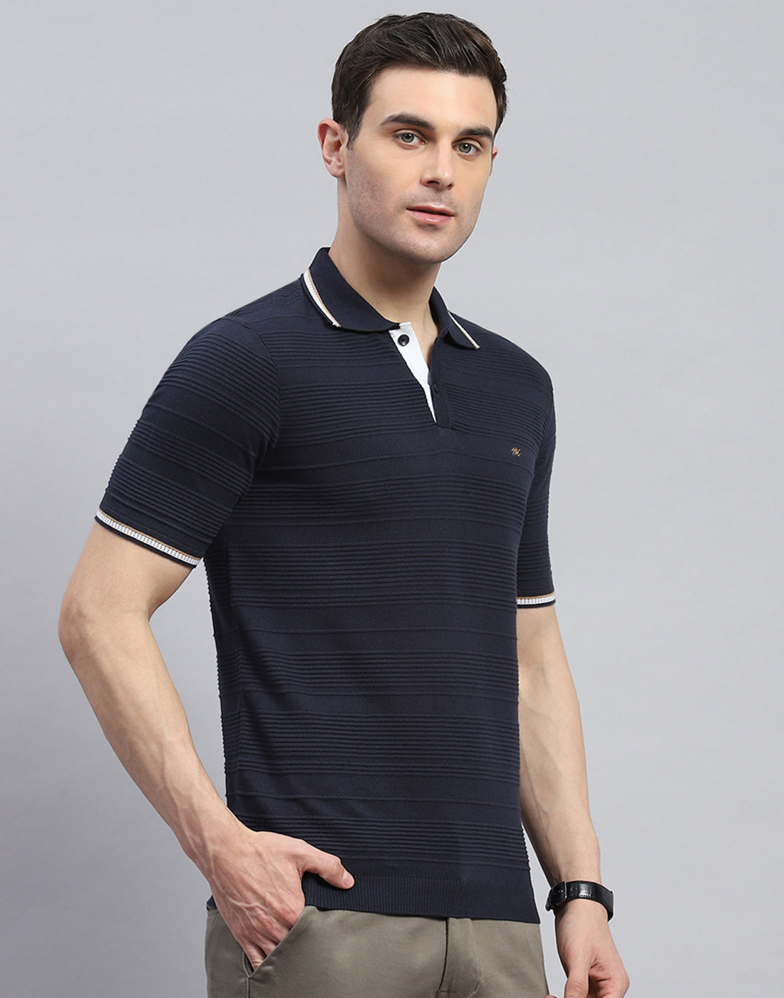Men Navy Blue Solid Polo Collar Half Sleeve T-Shirt
