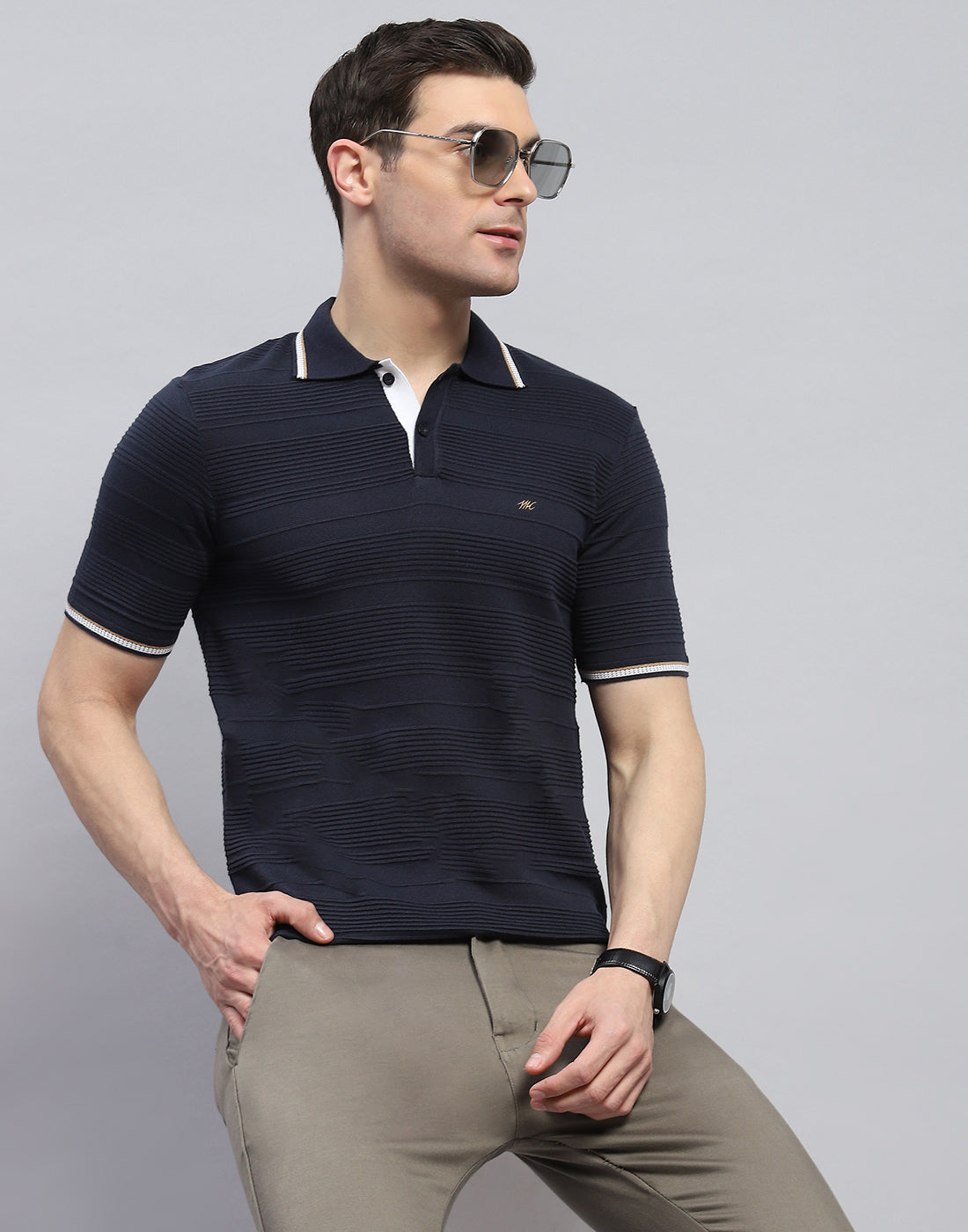 Men Navy Blue Solid Polo Collar Half Sleeve T-Shirt