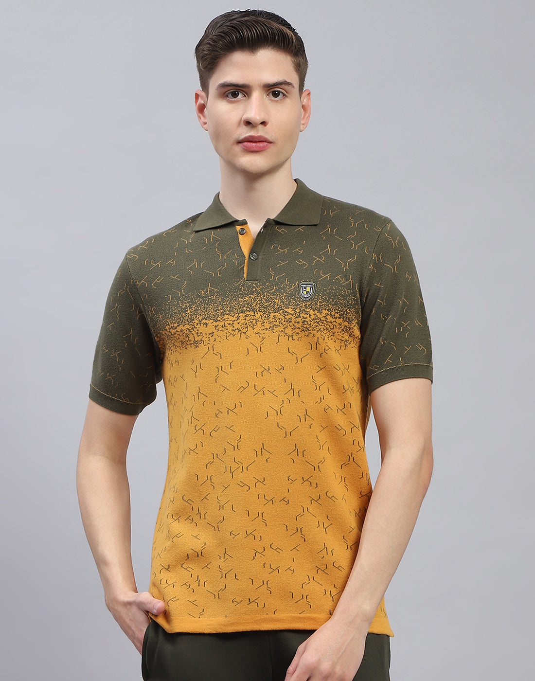 Men Olive Printed Polo Collar Half Sleeve T-Shirt