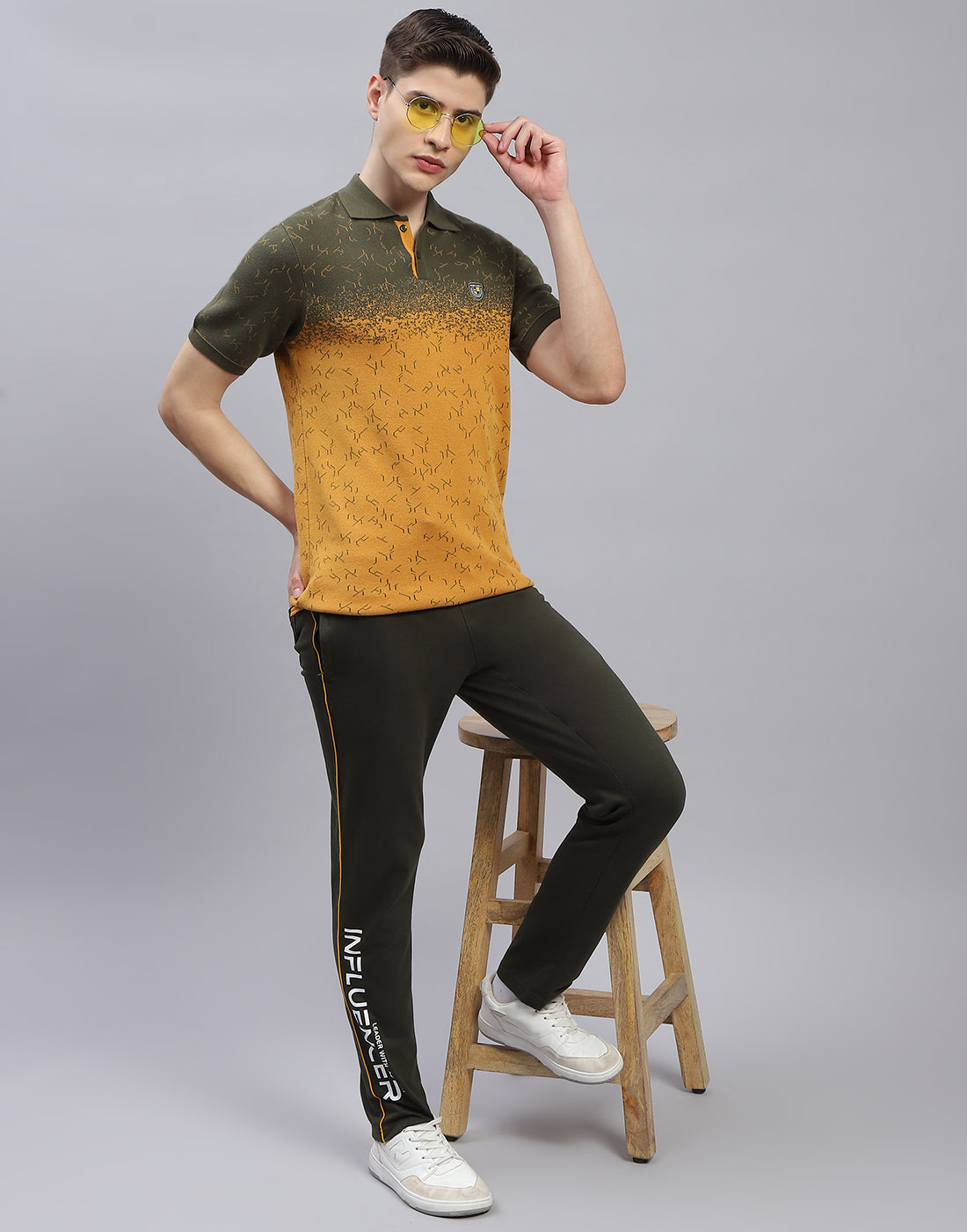 Men Olive Printed Polo Collar Half Sleeve T-Shirt