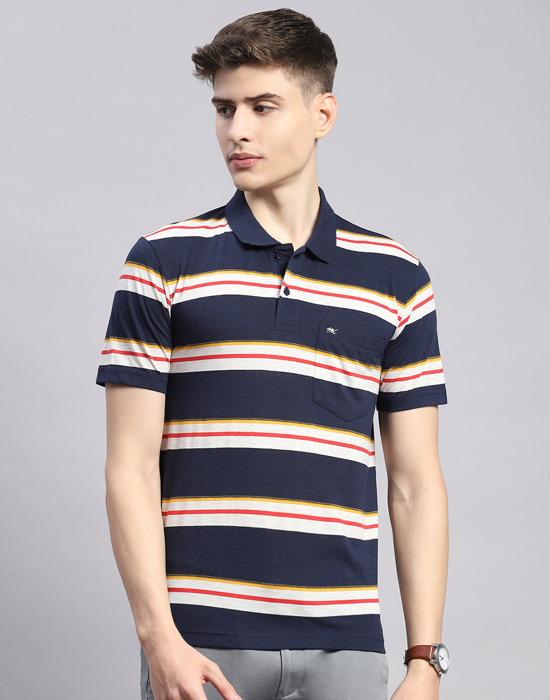 Men Navy Blue Stripe Polo Collar Half Sleeve T-Shirt