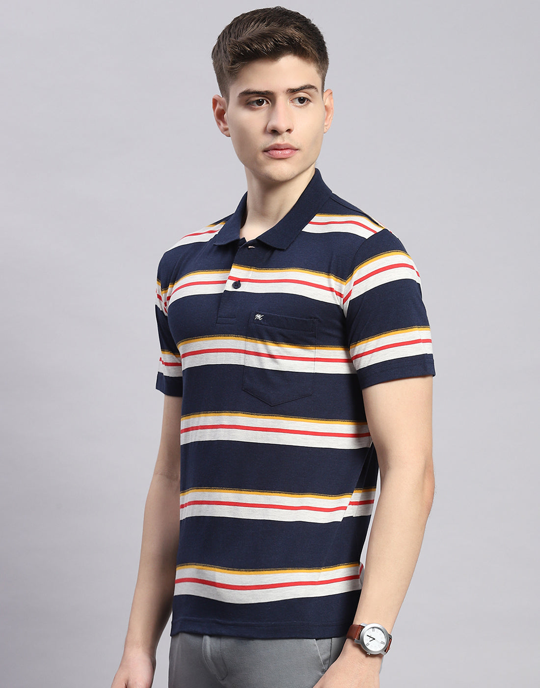 Men Navy Blue Stripe Polo Collar Half Sleeve T-Shirt