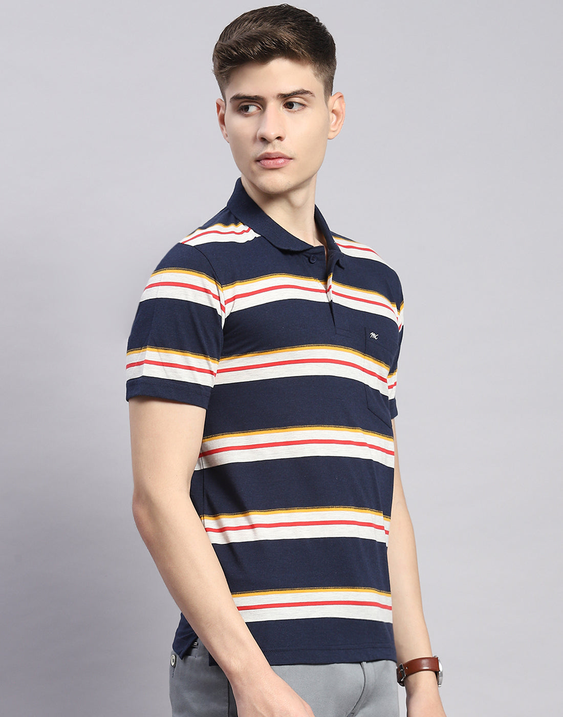 Men Navy Blue Stripe Polo Collar Half Sleeve T-Shirt