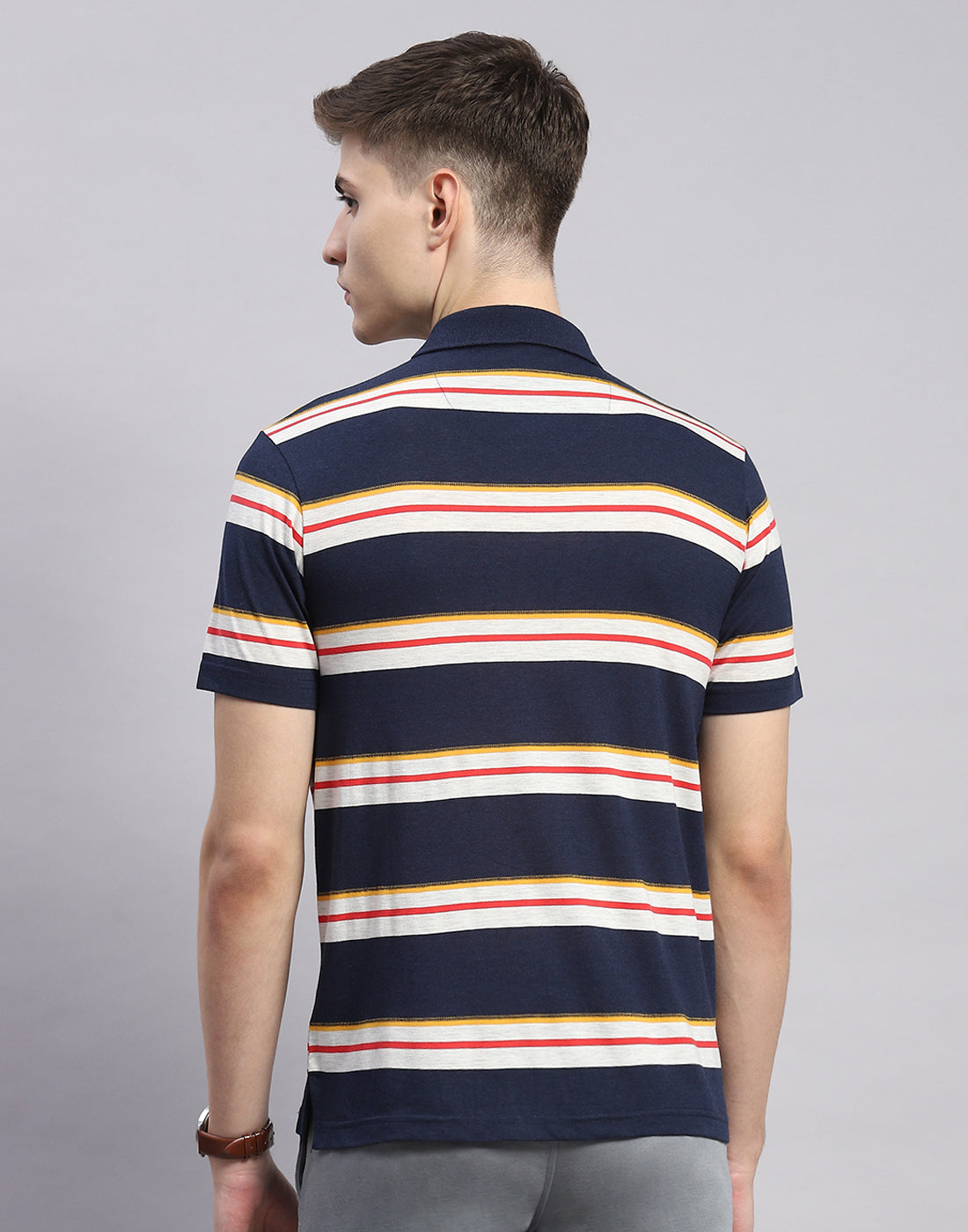 Men Navy Blue Stripe Polo Collar Half Sleeve T-Shirt