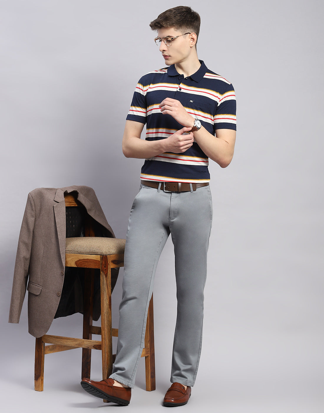 Men Navy Blue Stripe Polo Collar Half Sleeve T-Shirt