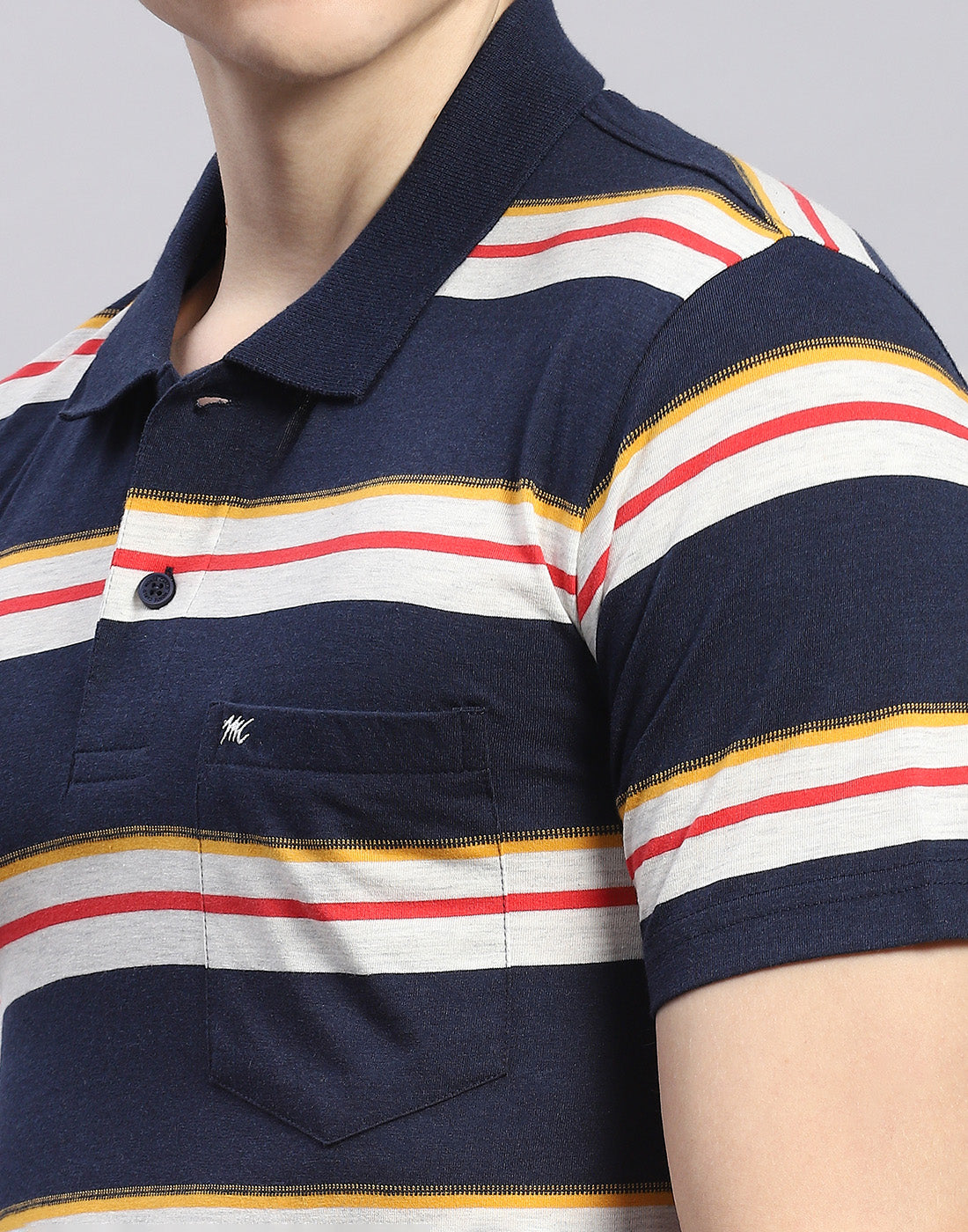 Men Navy Blue Stripe Polo Collar Half Sleeve T-Shirt