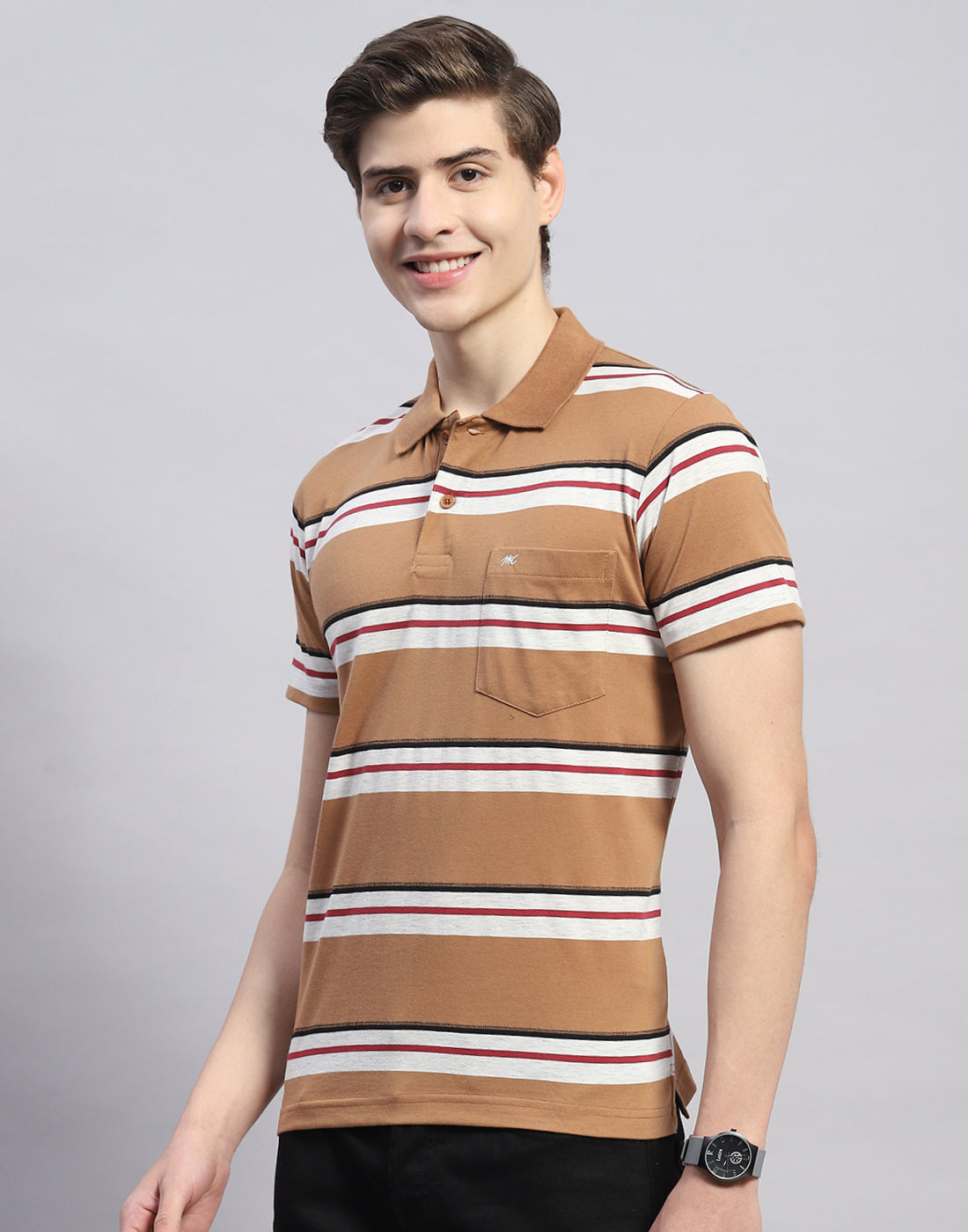 Men Brown Stripe Polo Collar Half Sleeve T-Shirt