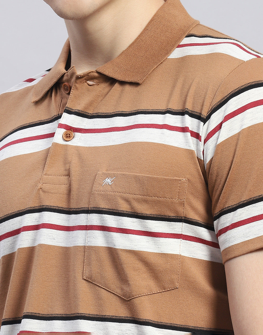 Men Brown Stripe Polo Collar Half Sleeve T-Shirt