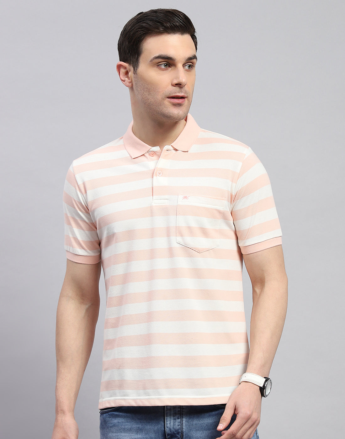 Men Pink Stripe Polo Collar Half Sleeve T-Shirt