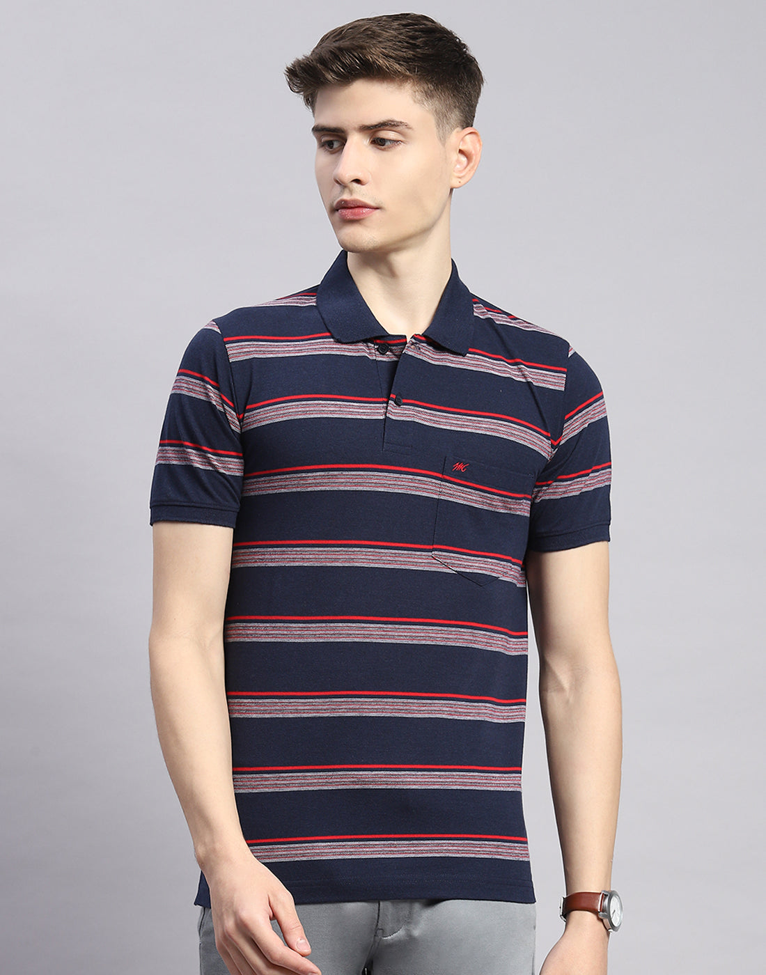Men Navy Blue Stripe Polo Collar Half Sleeve T-Shirt